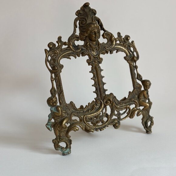 Antique Brass Cherub Double Picture Frame - Ornate Brass - Picture 3 of 9